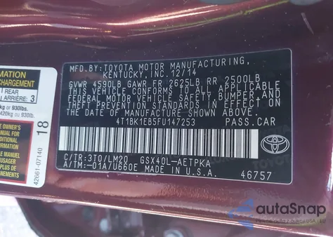 2015 Toyota Avalon Limited z USA, uszkodzony, nr VIN 4T1BK1EB5FU147253